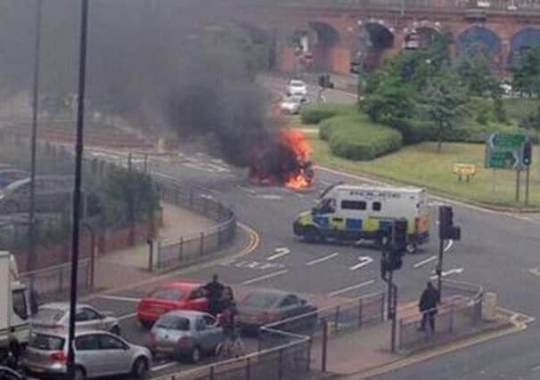 The van fire in Leeds city centre. Picture courtesy of @julianmillidge