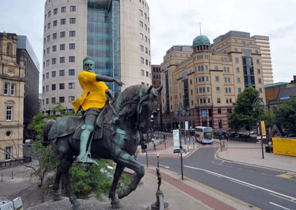 The Black Prince with his yellow jersey in Leeds city centre