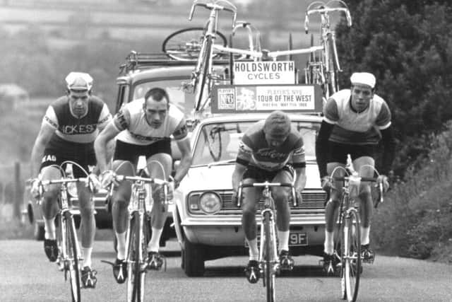 Metcalfe (second from left) on the attack in the Tour of the West Country 1968