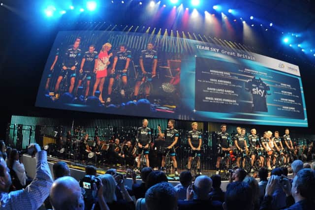 Chris Froome and Team Sky on the ceremony stage.