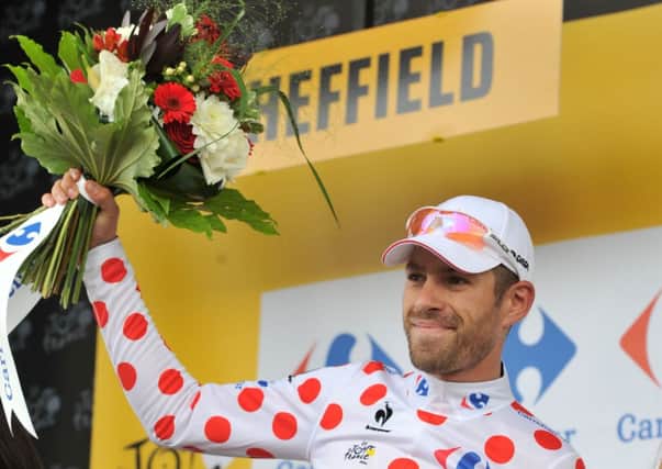 Cyril Lemoine (Fra) Cofidis, Solutions Credits,  the new holder of the polka dot King of the mountains  jersey after the second stage of Le Tour de France 2014 from York to Sheffield. (Picture: Bruce Rollinson)