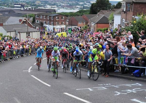 The lead group on stage two of the Tour de France, climb the steepest part of Jenkin Road in Sheffield. (Picture: Tony Johnson)