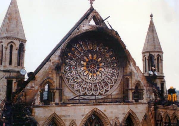 A contemporary photograph from the Minster fire showing fire damage to the South Transept and Rose Window.     
Picture: Mike Cowling