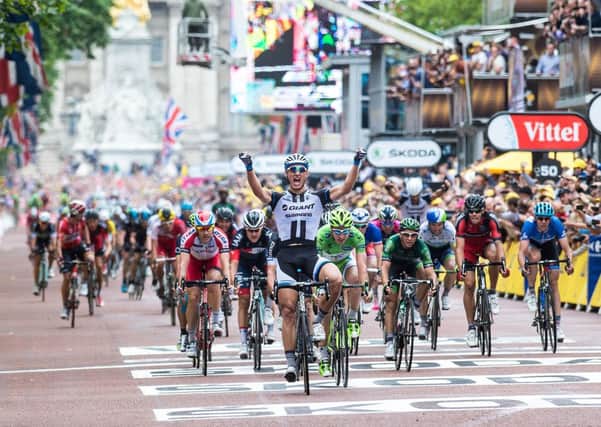 Marcel Kittel celebrates winning Stage 3 of the Tour De France in London.