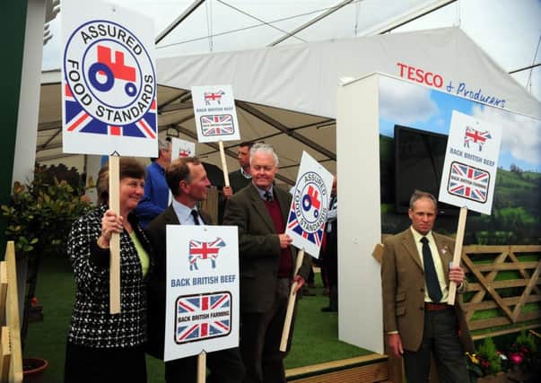 Beef producers have protested about beef prices outside a number of supermarket marquees at the Great Yorkshire Show.