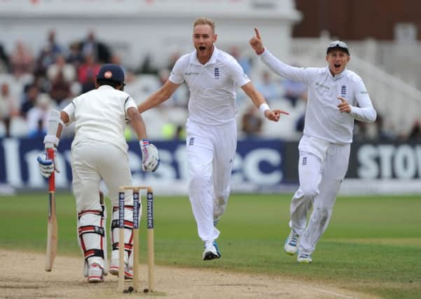 England's Stuart Broad celebrates after taking the wicket of India's Ajinkya Rahane during day five of the first Investec test match at Trent Bridge. (Picture: Nigel French/PA Wire).