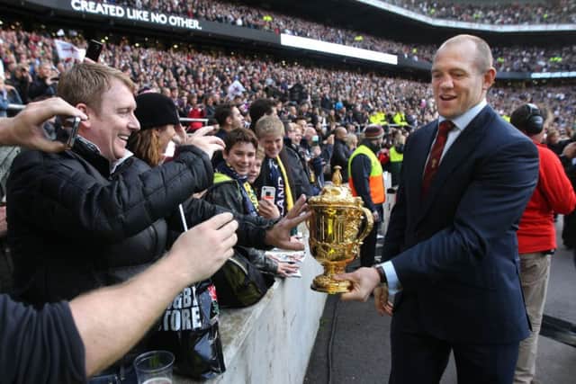 Mike Tindall with the World Cup on a lap of honour to mark the 10 year anniversary of winning the World Cup.