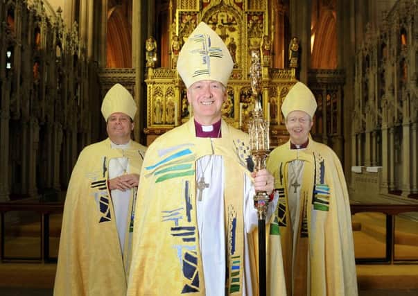 Rt Rev Nick Baines at Wakefield Cathedral with Rt Rev Tony Robinson, Bishop of Wakefield. and Rt Rev James Bell. Bishop of Ripon.