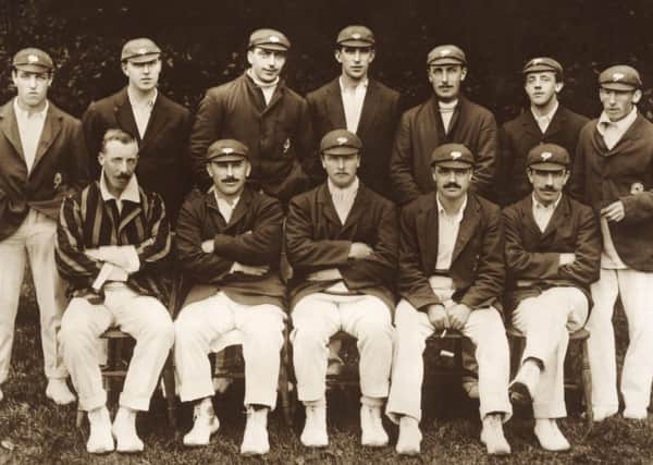 Yorkshire county cricket team, pictured at Brighton prior to their match against Sussex, 25th August 1910. Back row (left-right): William Bates, Alonzo Drake, John Wilson, Major William Booth, Wilf Rhodes, Arthur Dolphin, Hubert Myers. Front row: Alfred Digby Legard, George Hirst, Everard Radcliffe, Schofield Haigh, David Denton. (Photo by Popperfoto/Getty Images)