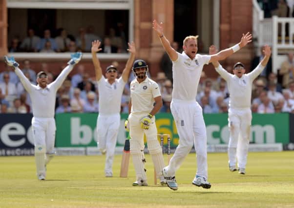 England's Stuart Broad appeals for the wicket of India's Ravindra Jadeja.