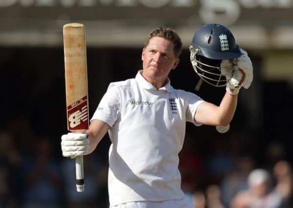 England's Gary Ballance celebrates scoring 100 not out during day two of the second test at Lord's Cricket Ground, London.
