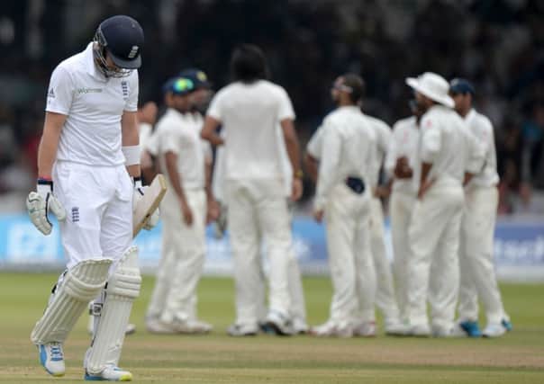 England's Joe Root reacts after being caught out on 66 during day five of the second test at Lord's Cricket Ground, London.