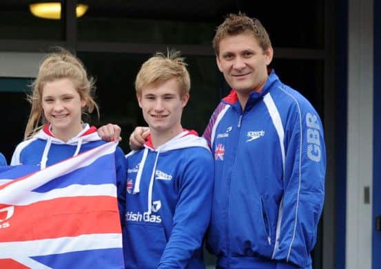 Leeds divers Alicia Blagg and Jack Laugher with coach Ady Hinchliffe