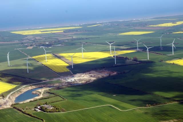 Aerial photo of Lissett in the Wolds which is home to a number of wind turbines erected.