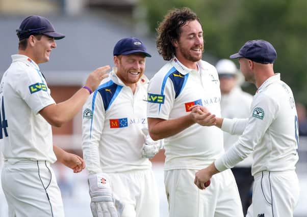 Yorkshire's Ryan Sidebottom celebrated one of his seven wickets at Scarborough.