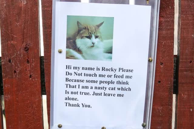 Samantha Davies with Rocky and a note she has posted on her garden gate. Pictures: Ross Parry Agency