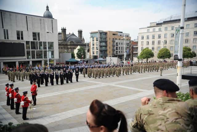 Servicemen and women outside Leeds Civic Hall ahead of First World War commemoration parade through Leeds city centre. Picture by Gerard Binks.