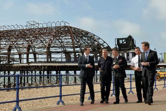 David Cameron and George Osborne meet members of the East Sussex Fire and Rescure Service on Eastbourne Pier