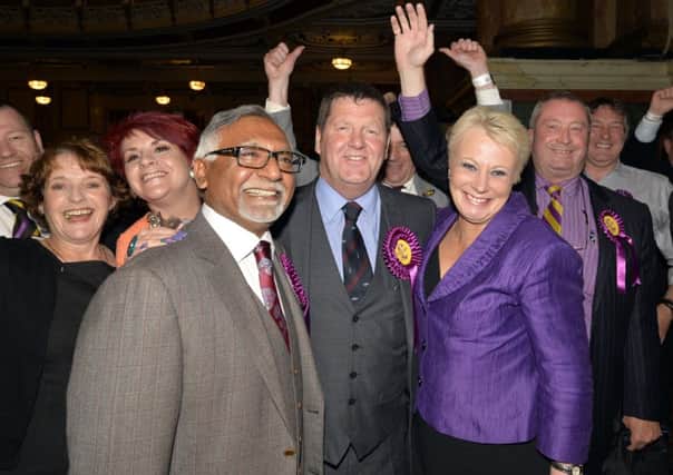 Jane Collins celebrates her election as an MEP in May along with fellow Ukip MEPs Mike Hookem and Amjad Bashir