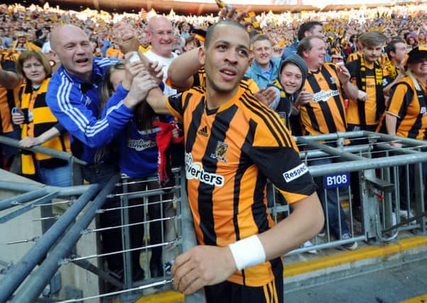 Hull City fans celebrate with Liam Rosenior after the FA Cup semi-final at Wembley. Picture: Simon Hulme.