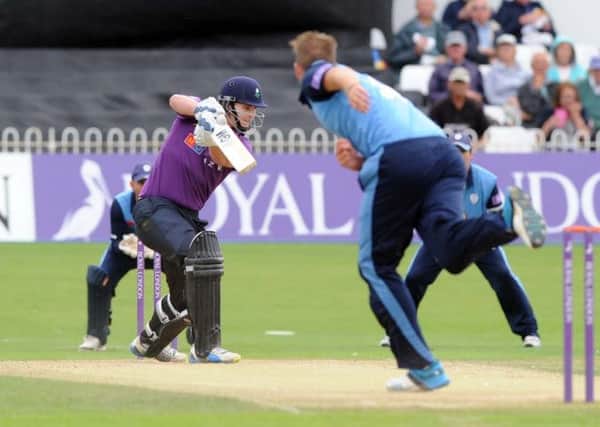 Alex Lees hits a boundray off the bowling of Ben Cotton.