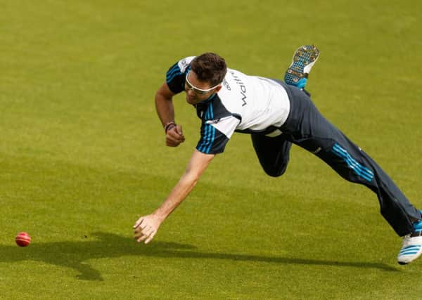 England bowler James Anderson shows his athleticism yesterday as he attempts to field a ball during a nets session at The Oval (Picture: John Walton/PA).