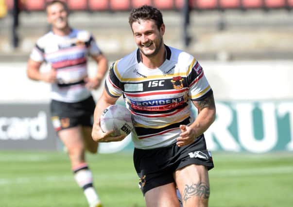 Bradford Bulls's 
Jay Pitts crosses for his try (Picture: Steve Riding).