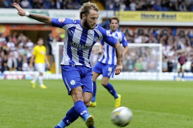 New Sheffield Wednesday signing Stevie May on debut against Derby County at Hillsborough. PIC: Steve Ellis