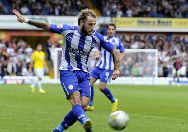 New Sheffield Wednesday signing Stevie May on debut against Derby County at Hillsborough. PIC: Steve Ellis
