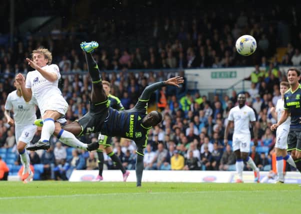 Middlesbrough's Albert Adomah netted with this acrobatic shot against Leeds United but the 'goal' was disallowed (Picture: Anna Gowthorpe/PA Wire).