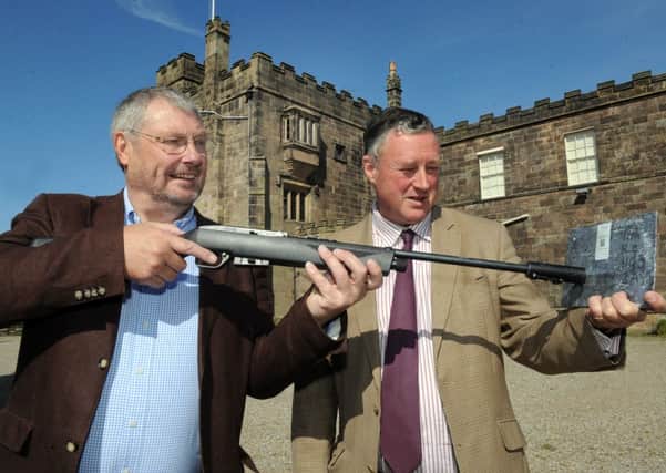 John Minary, MD Trace-in-Metal demonstrates the mico dot marking of lead to Sit Thomas Ingleby at Ripley Castle.