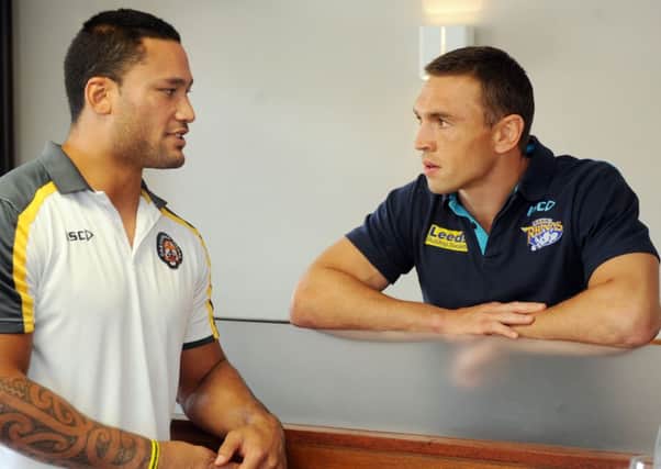 Weller Hauraki and Kevin Sinfield chat at the press conference.
