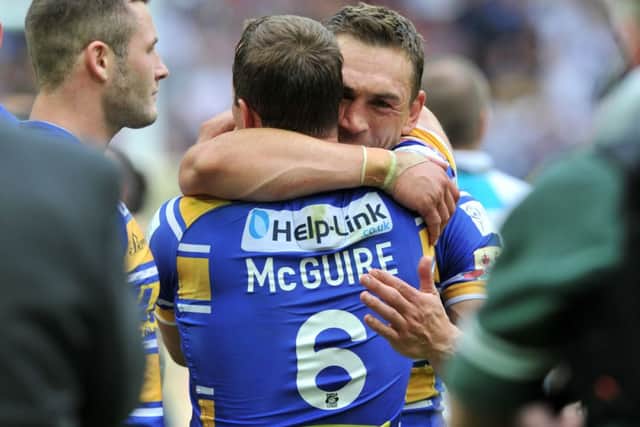 Danny McGuire and Kevin Sinfield celebrate. (Picture: Bruce Rollinson)