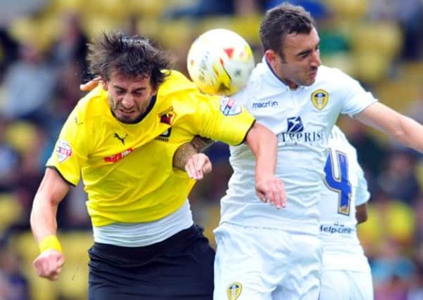 Leeds' Tommaso Bianchi challenges Gianni Munari for Watford. (Picture: Tony Johnson)