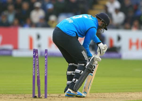 England's Joe Root is bowled by India's Bhuvneshwar Kumar