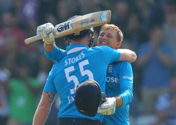 Yorkshires Joe Root beams with delight as he celebrates reaching his century against India with England team-mate Ben Stokes (Picture: Dave Thompson/PA).