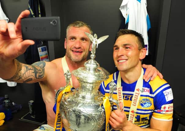 SMILE: Jamie Peacock takes a selfie with Rhinos' team-mate and captain Kevin Sinfield.