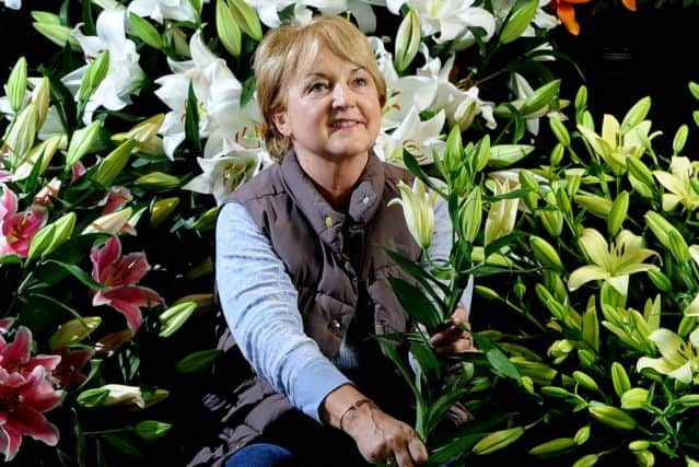Loraine Hart from Hart's Nursery in Cheshire with a display of lilies