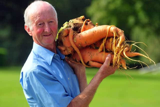 Peter Glazebrook with his 20lbs world record breaking carrot at the Harrogate Autumn Flower Show. Picture by Tony Johnson