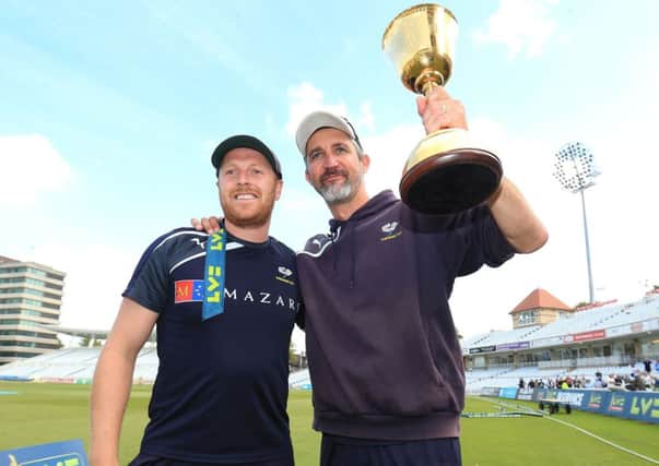 Yorkshire's head coach Jason Gillespie, right, celebrates with his captain, Andrew Gale at Trent Bridge.
