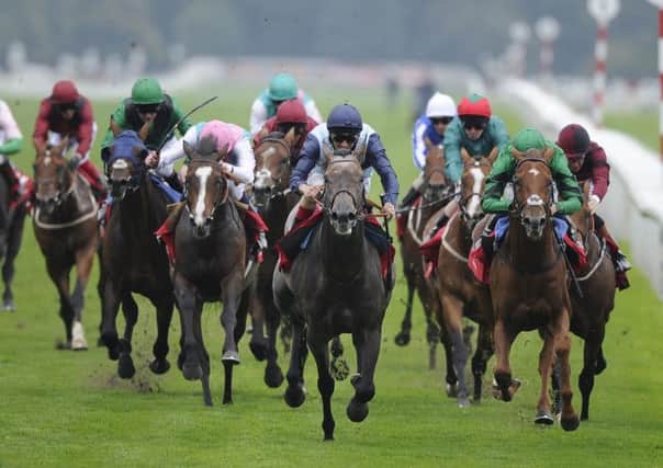 Andrea Atzeni celebrates as Kingston Hill (centre) wins the Ladbrokes St Leger Stakes during day four of the 2014 Ladbrokes St Leger Festival at Doncaster Racecourse, Doncaster. (Picture: John Giles/PA Wire)