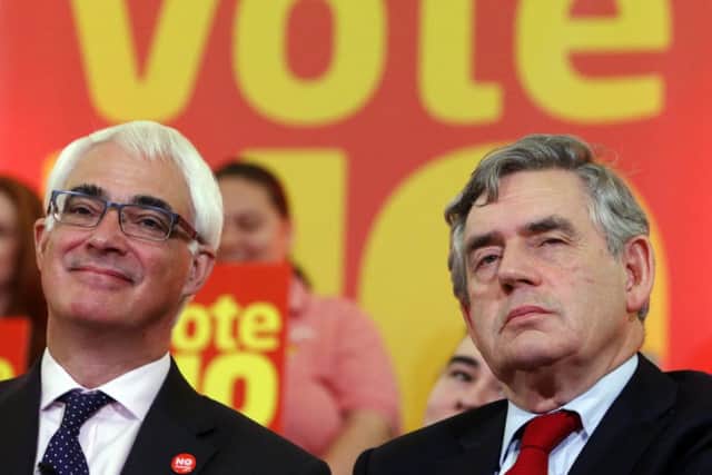 Better Together campaign leader Alistair Darling and former Prime Minister Gordon Brown during a campaign event at Clydebank Town Hall