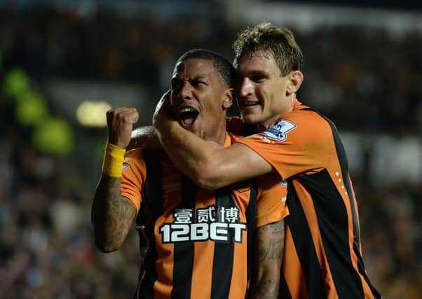 Hull City's Abel Hernandez (left) celebrates with Nikica Jelavic after scoring his side's first goal on Monday night.