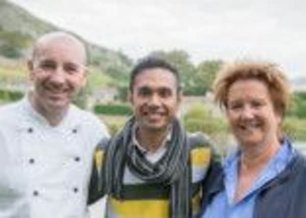 (LR): John Rudden, of Grassington House Hotel, Saransh Goila and Sue Nelson of Yorkshire Food Finder at Kilnsey Park.