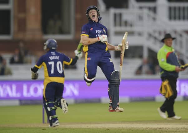 Durham's Ben Stokes celebrates victory after Gareth Breese hit the winning runs during the Royal London One Day Cup Final at Lord's