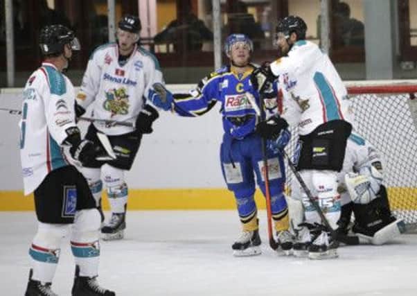 Hull captain Matty Davies argues a call against Belfast Giants. Picture: Arthur Foster.
