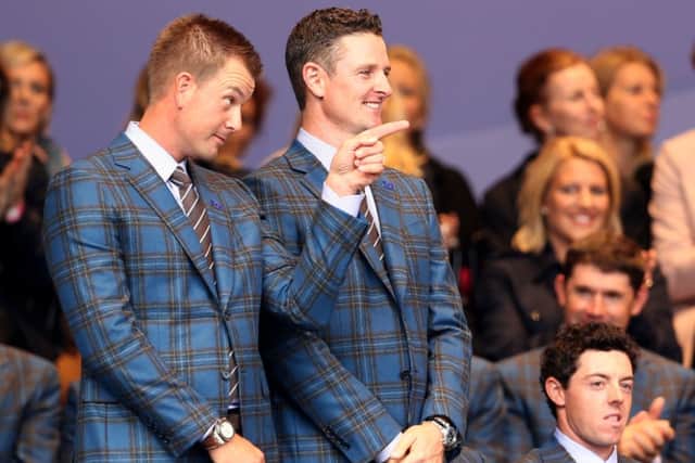 Europe's Henrik Stenson (left) and Justin Rose during the opening ceremony of the 40th Ryder Cup at Gleneagles Golf Course, Perthshire.