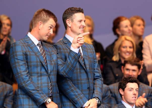 Europe's Henrik Stenson (left) and Justin Rose during the opening ceremony of the 40th Ryder Cup at Gleneagles Golf Course, Perthshire.