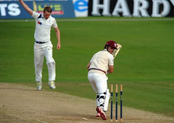 ON YOUR WAY: Somerset's James Hildreth is clean bowled by Yorkshire's Stephen Patterson.