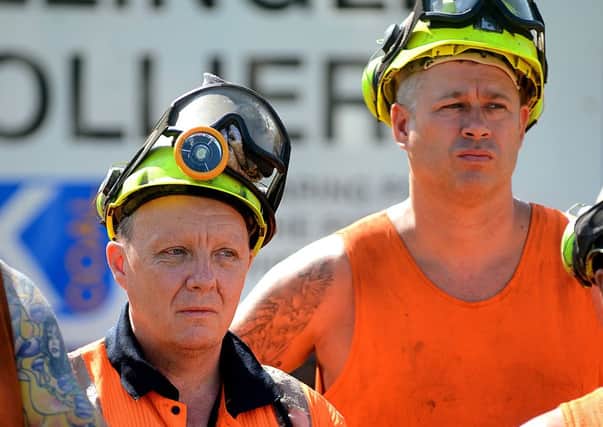 Miners at Kellingley Colliery during an earlier press conference on its future